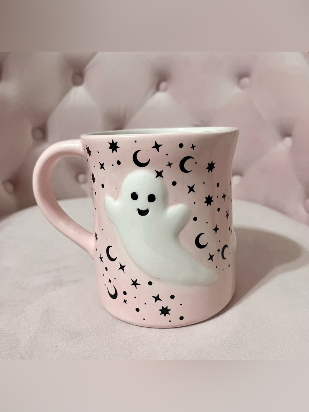 Pink Ghost Halloween Coffee Mug Cobwebs and Cauldrons